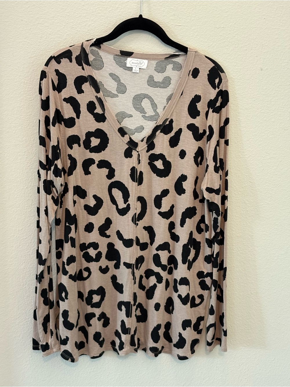 Mud Pie Taupe and Black Leopard Print Long Sleeve V-Neck Top